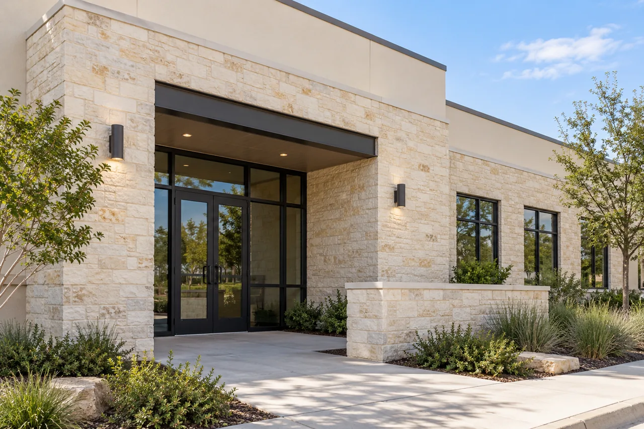 Cream stone-clad commercial entrance with dark glass doors, a low capped wall and native planting.