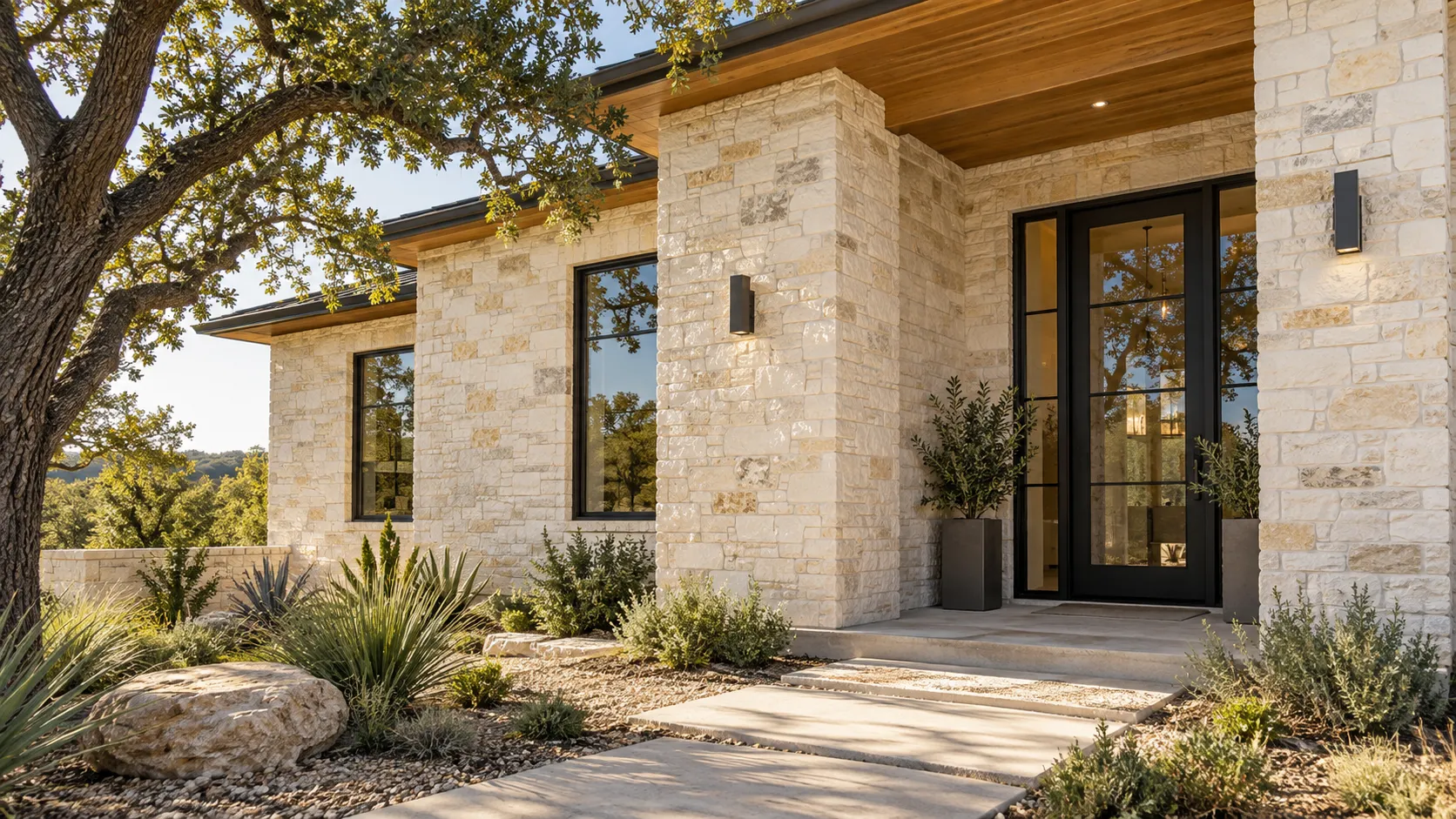 Cream limestone exterior walls and square porch piers surrounding a dark glass entry door beneath a wood soffit.