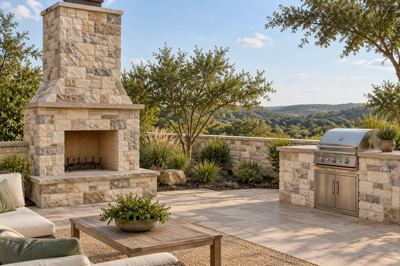 Stone-clad outdoor fireplace and chimney beside a grill island and a low garden wall.