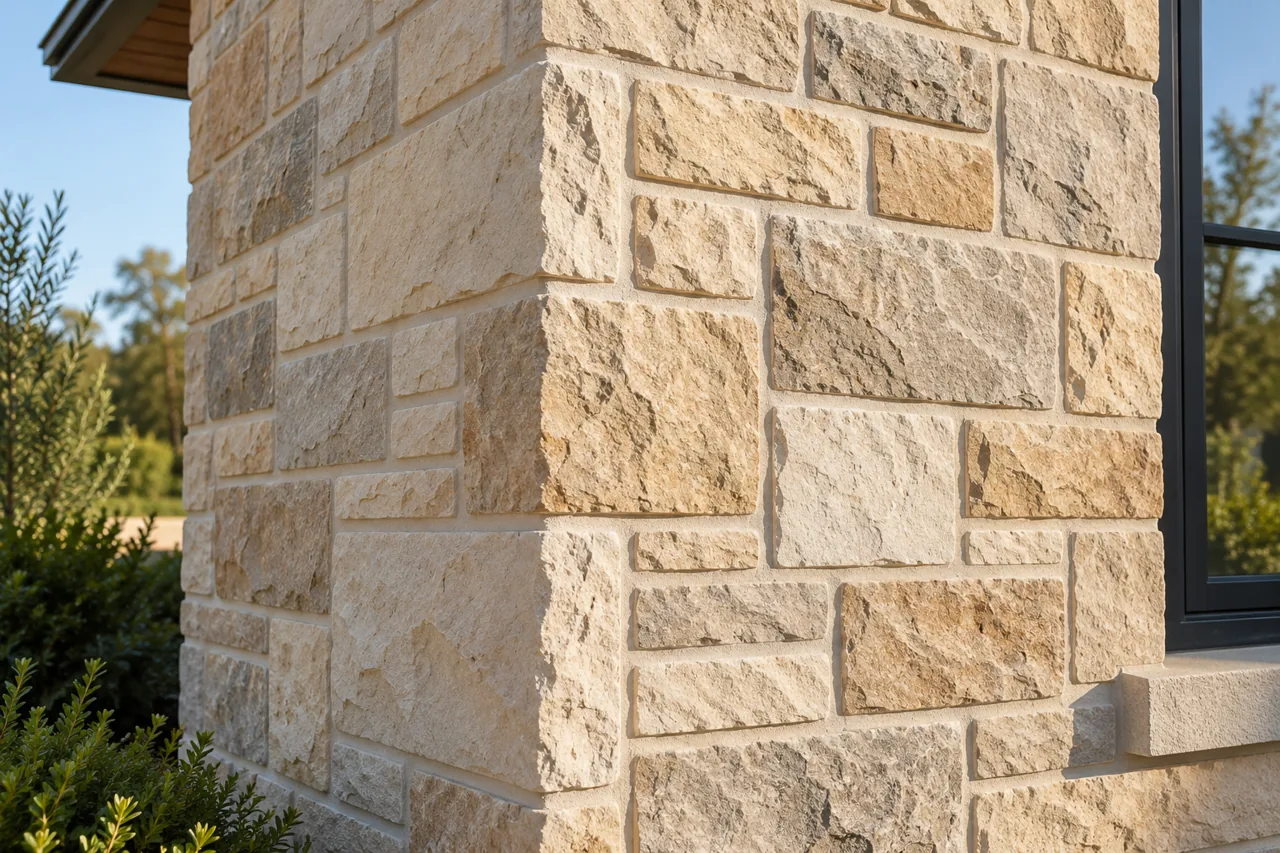 Close view of cream and buff rectangular stone faces around an exterior wall corner beside a dark window frame.